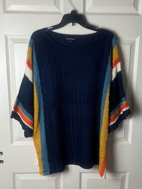 DAVI & DANI Navy Knit Sweater with Multicolor Stripe Sleeves